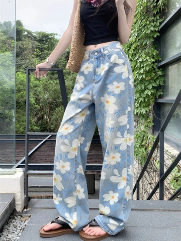 MQTIME  - Vintage Flower Print Baggy Jeans Women High Waisted Straight Wide Leg Pants Summer Harajuku Cutecore girls Trousers new